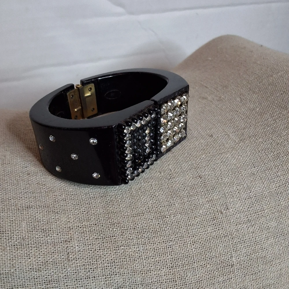 Vintage Black Rhinestone Cuff Bracelet Glam Statement Jewelry
